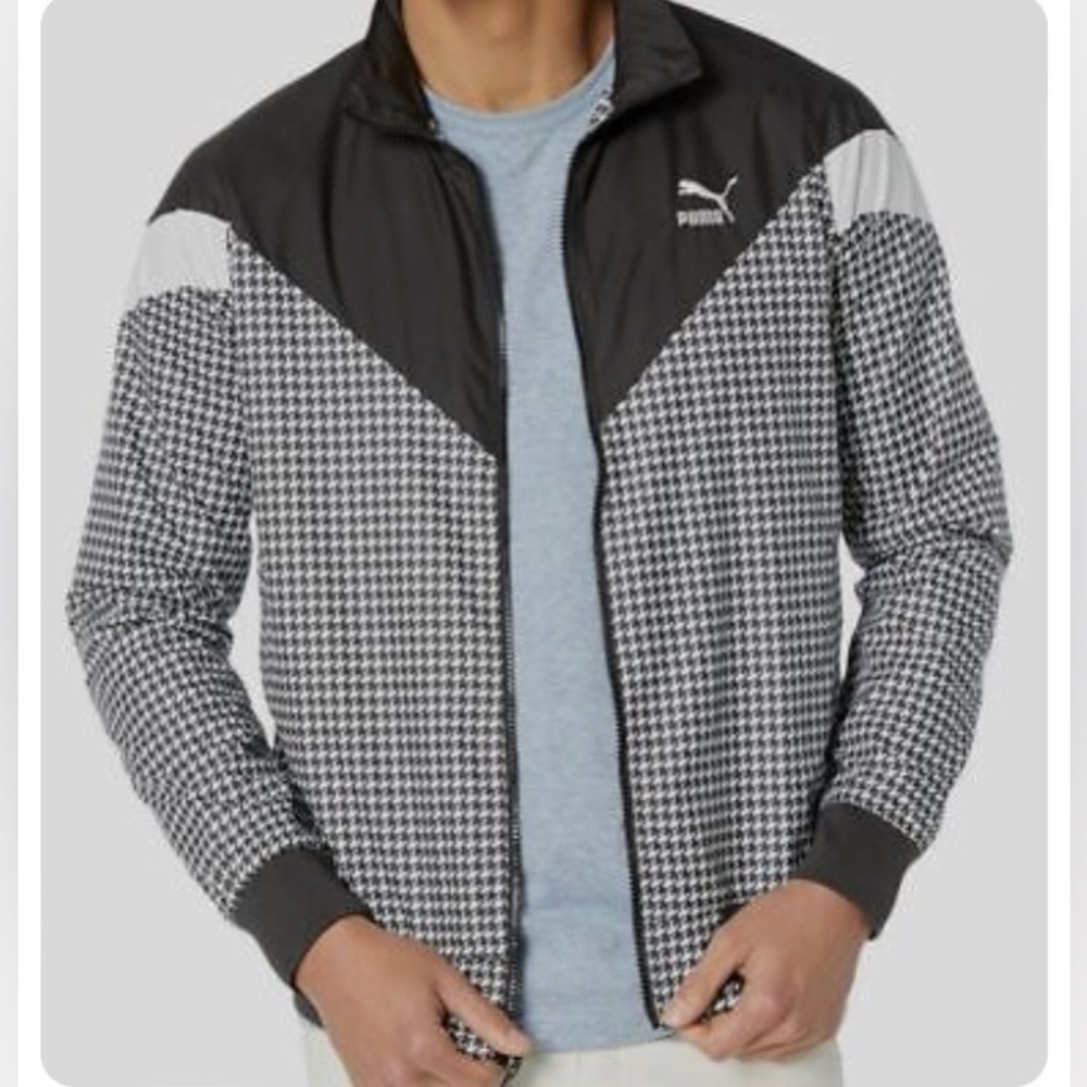 Puma Mens Black White Houndstooth Stand-Collar Logo Full-Zip Track Jacket, Med